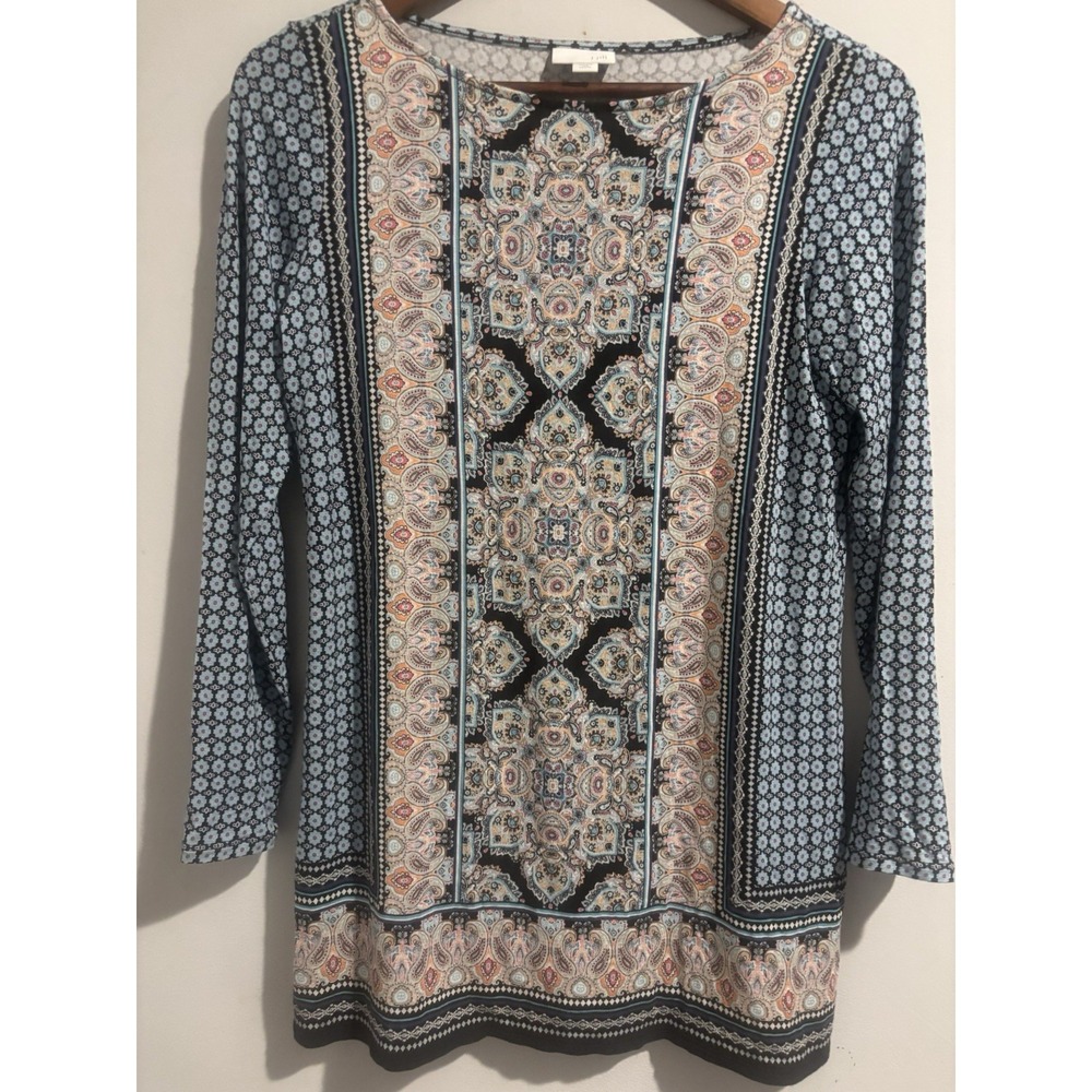 J Jill Blouse Floral Paisley Tunic Top Womens XL Petite Long Sleeve Stretch Blue